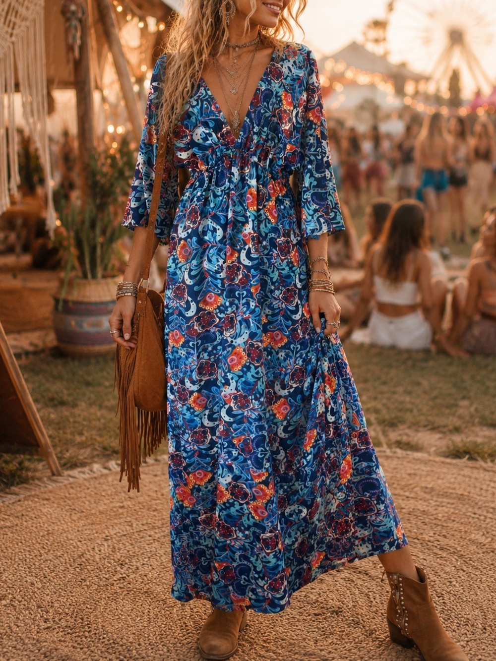 Boho V-Neck Blue Floral Maxi Dress